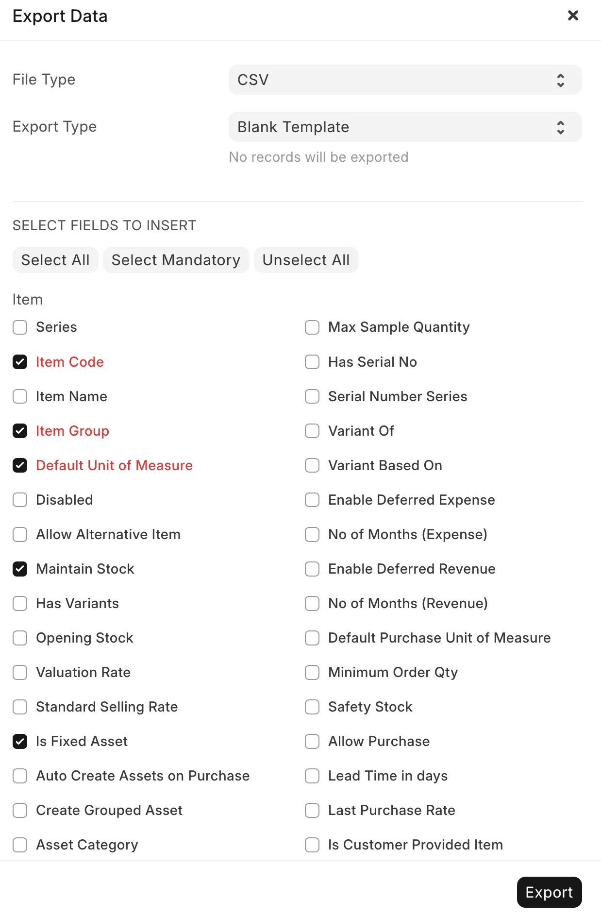 ERPNext Data Import Template Modal