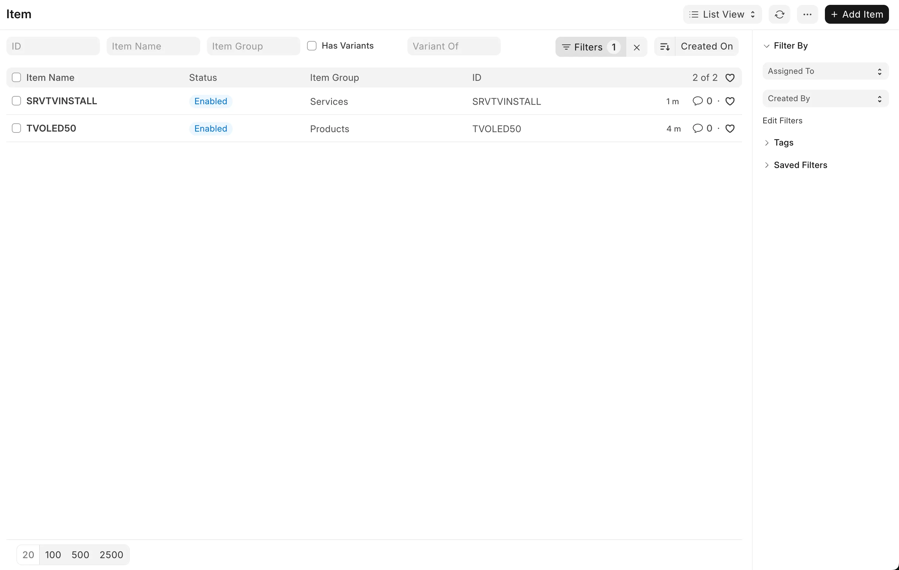ERPNext Items Page with Product and Service