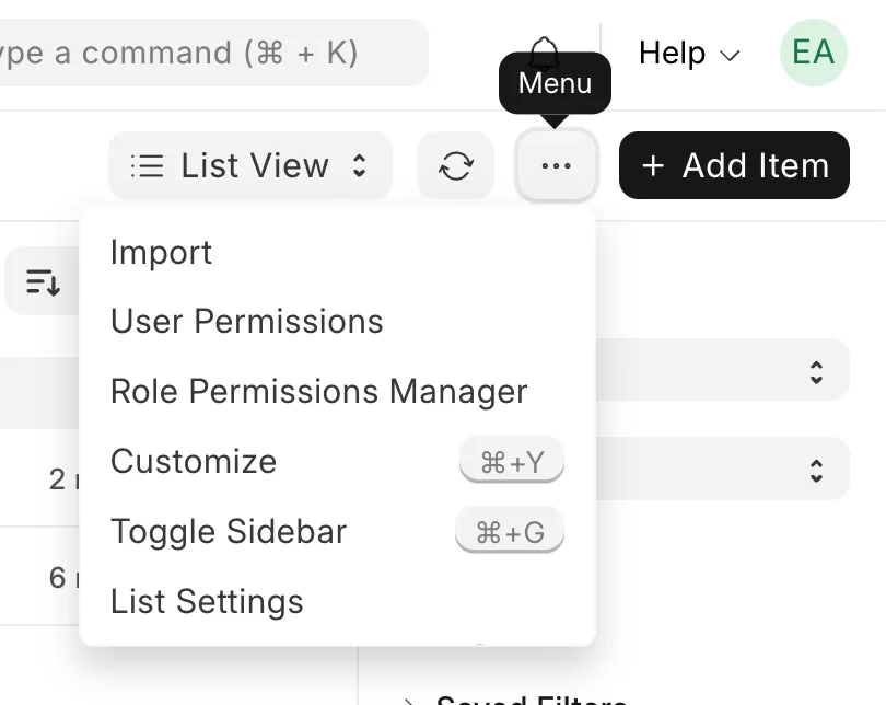 ERPNext Items Page Menu Button