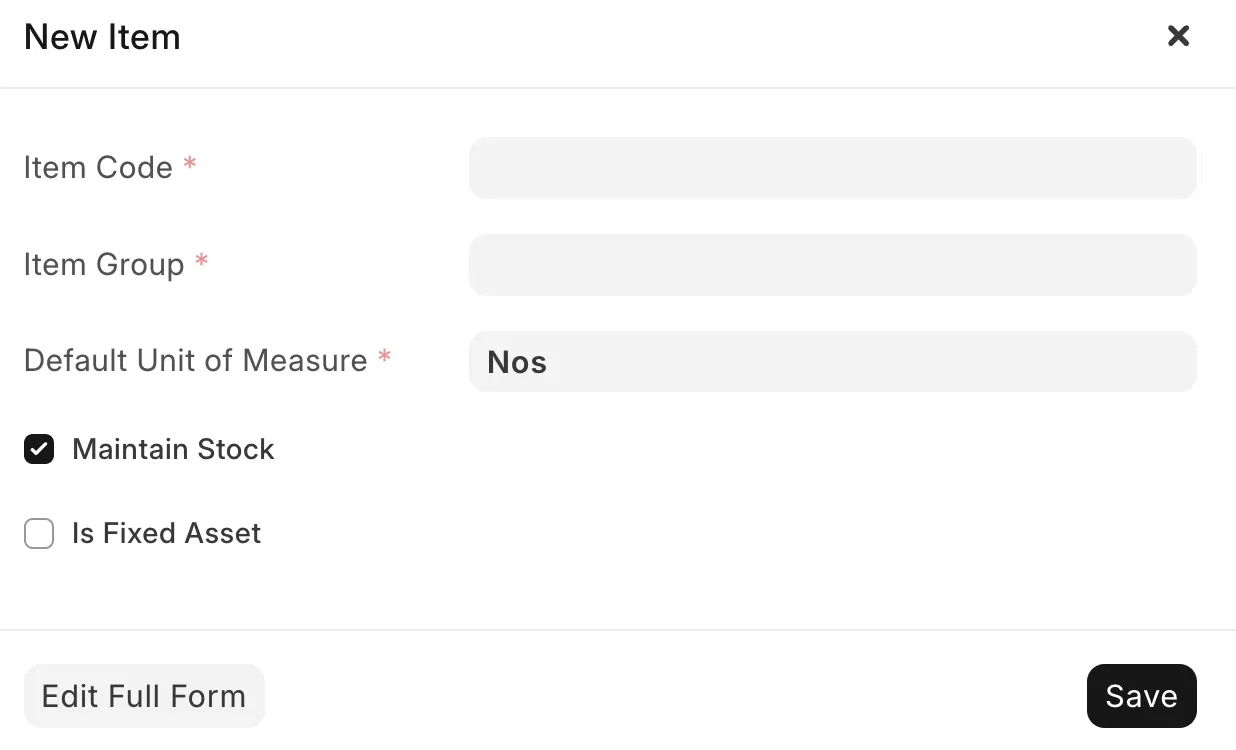 ERPNext New Item Form