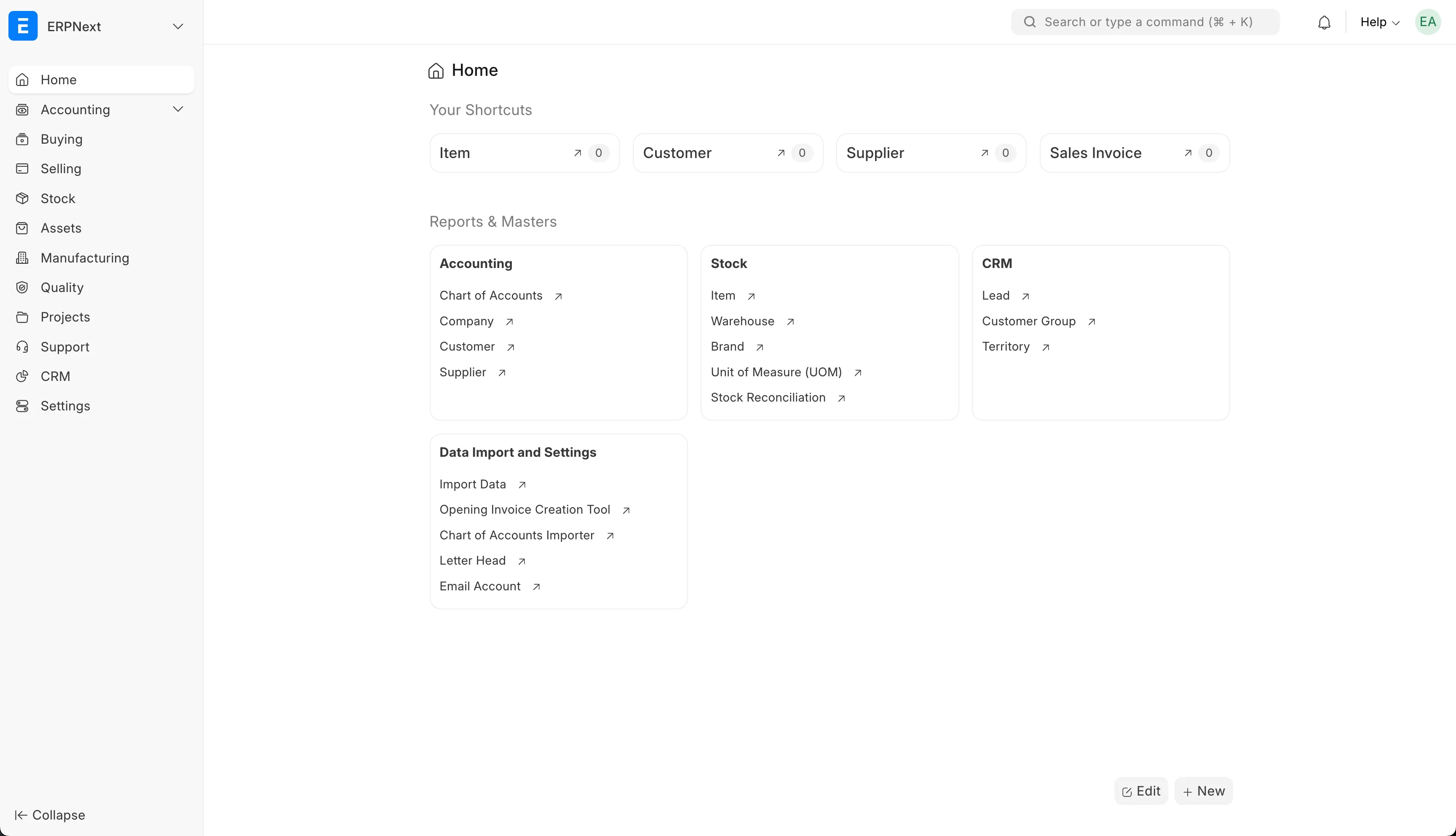 The ERPNext dashboard page