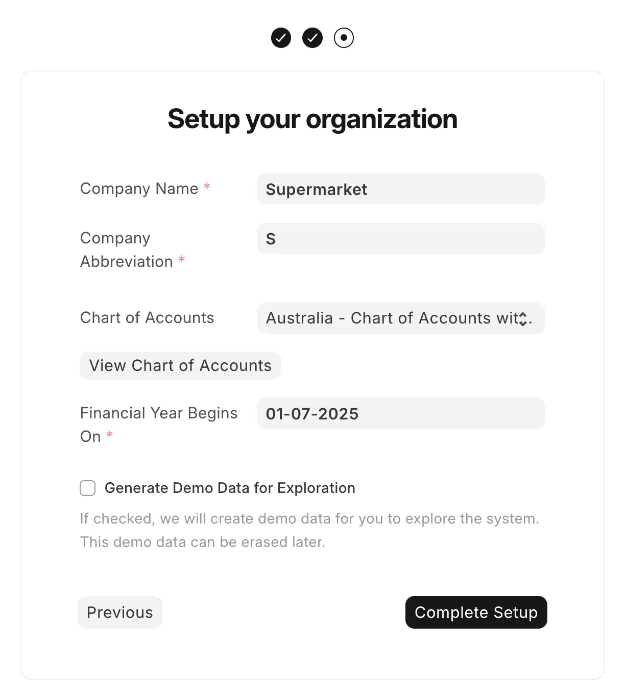 The organisation setup page of ERPNext